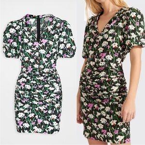 Veronica Beard Janis Dress Ruched Floral Print Black Pink Puff Sleeve V Neck 8